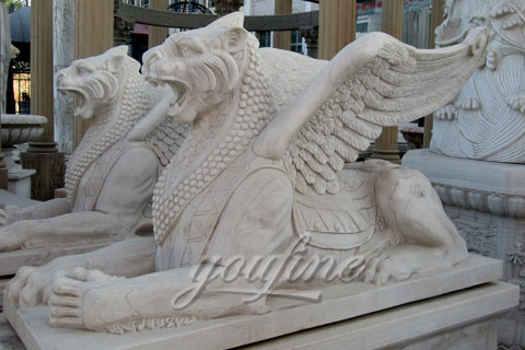 Winged white natural marble lion statue for decoration