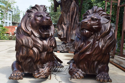 Large bronze lion statue at entrance for American customer